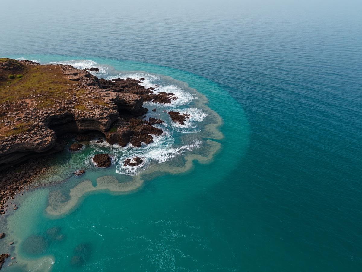 Aerial view of a rocky Goan coastline meeting deep blue-green water