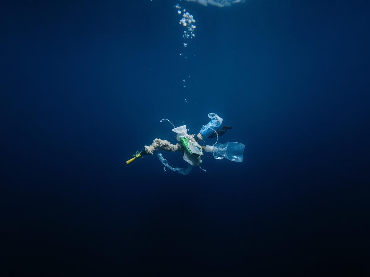 Plastic debris drifting in a dark blue water column